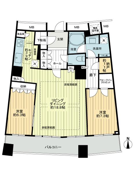 Floor plan. 2LDK + S (storeroom), Price 64,800,000 yen, Occupied area 90.64 sq m , Balcony area 16.93 sq m