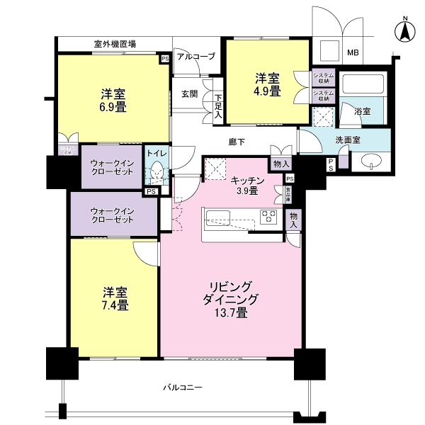 Floor plan. 3LDK, Price 47,800,000 yen, Occupied area 91.51 sq m , Balcony area 14.58 sq m 3LDK