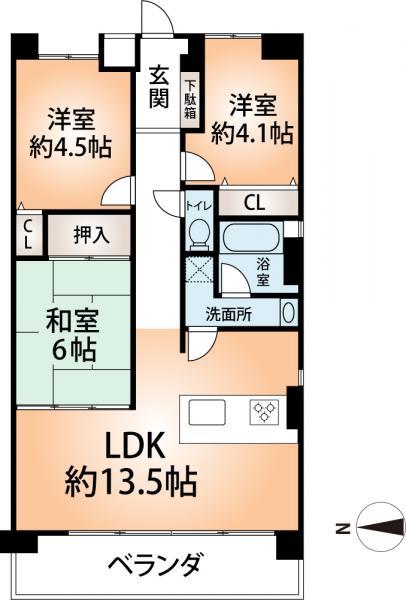 Floor plan. 3LDK, Price 22,200,000 yen, Occupied area 60.02 sq m , Balcony area 9.5 sq m