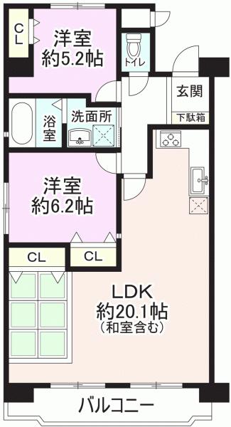 Floor plan. 2LDK, Price 18,800,000 yen, Occupied area 68.16 sq m , Balcony area 9.11 sq m