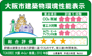 Building structure.  [Osaka City building environmental performance display system] In the building environment plan that building owners to submit to Osaka, And initiatives degree for the three priority areas of Osaka City, A comprehensive evaluation of the environmental performance of buildings by CASBEE has been evaluated at each stage 5