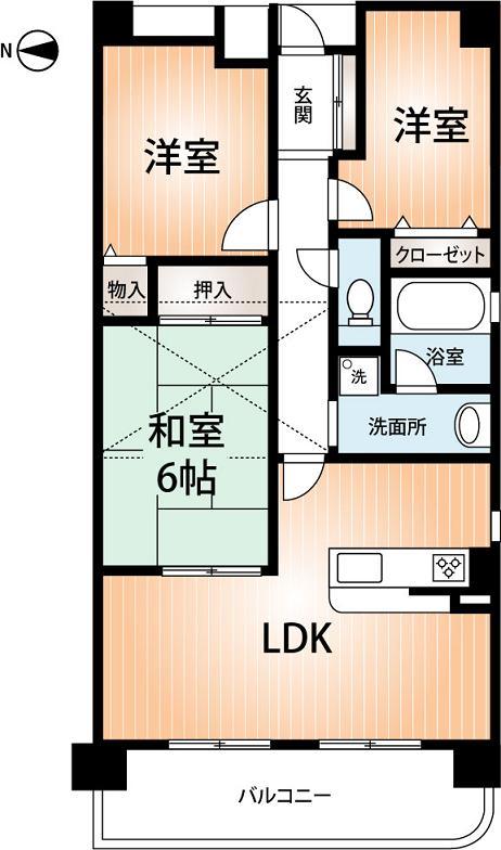 Floor plan. 3LDK, Price 22,200,000 yen, Occupied area 57.25 sq m , Balcony area 9.5 sq m