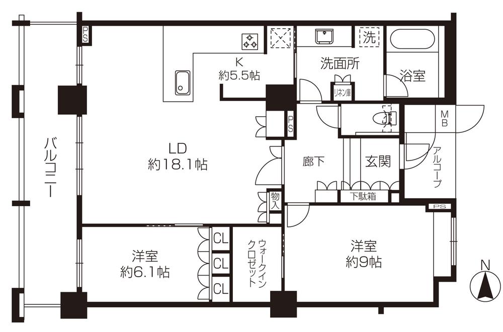 Floor plan. 2LDK, Price 69,800,000 yen, Footprint 94.4 sq m , Balcony area 15.66 sq m