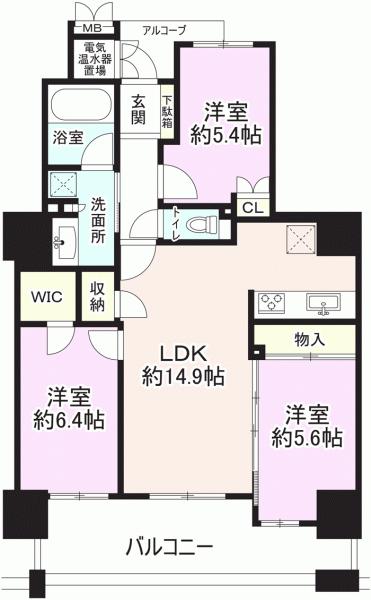 Floor plan. 3LDK, Price 43,800,000 yen, Occupied area 73.74 sq m , Balcony area 12.69 sq m