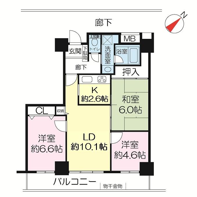 Floor plan. 3LDK, Price 26,800,000 yen, Occupied area 65.95 sq m , Balcony area 10.62 sq m
