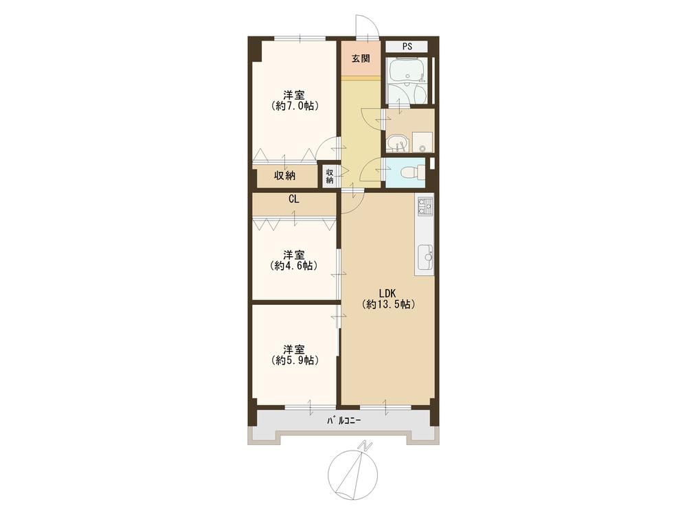 Floor plan. 3LDK, Price 16.8 million yen, Footprint 72 sq m , Balcony area 7.98 sq m indoor Pikkapika