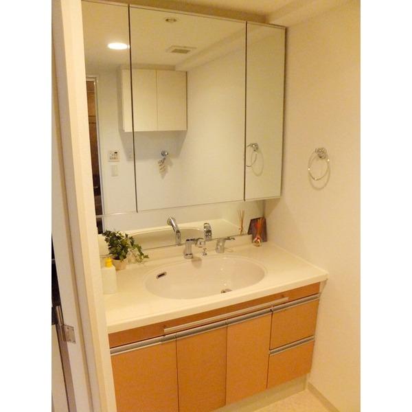 Wash basin, toilet. Wash basin with a large mirror