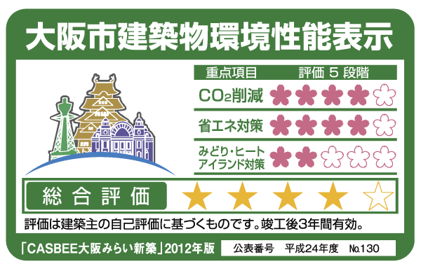 Building structure.  [Osaka City building environmental performance display] By building comprehensive environment plan that building owners to submit to Osaka, And initiatives degree for the three items, such as reducing CO2 emissions, Overall it has been evaluated in five stages the environmental performance of buildings