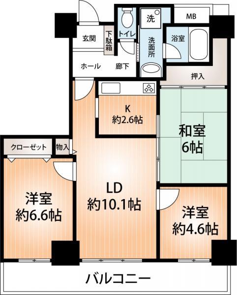 Floor plan. 3LDK, Price 26,800,000 yen, Occupied area 65.95 sq m , Balcony area 12.62 sq m Tamagawa elementary school, Shimofukujima is a junior high school.
