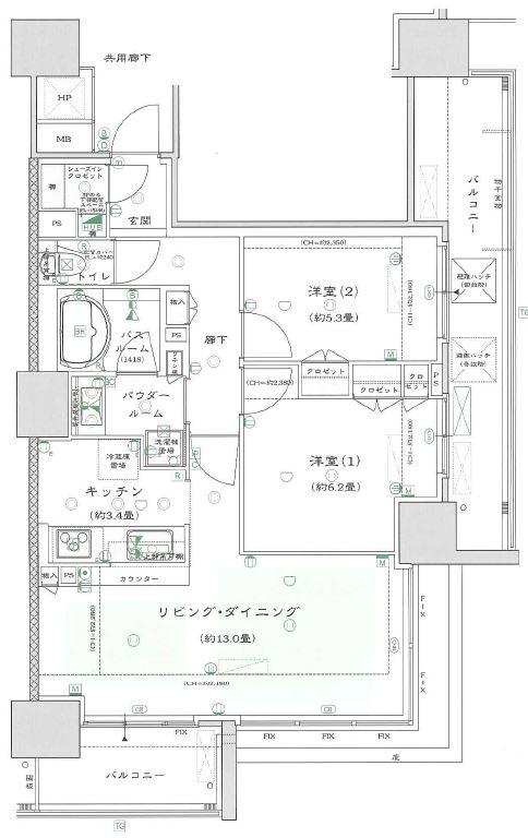 Floor plan. 2LDK, Price 32,500,000 yen, Occupied area 64.32 sq m , Balcony area 17.51 ​​sq m
