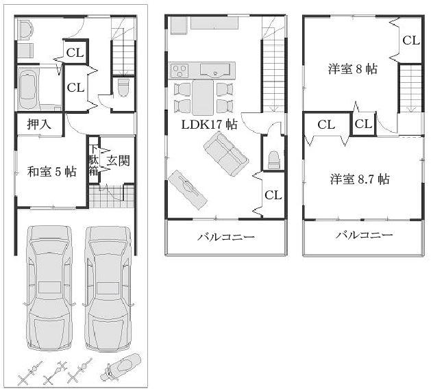 Compartment view + building plan example. Building plan example, Land price 20,250,000 yen, Land area 75.49 sq m land ・ Building set price 35,250,000 yen (including outside 構費)