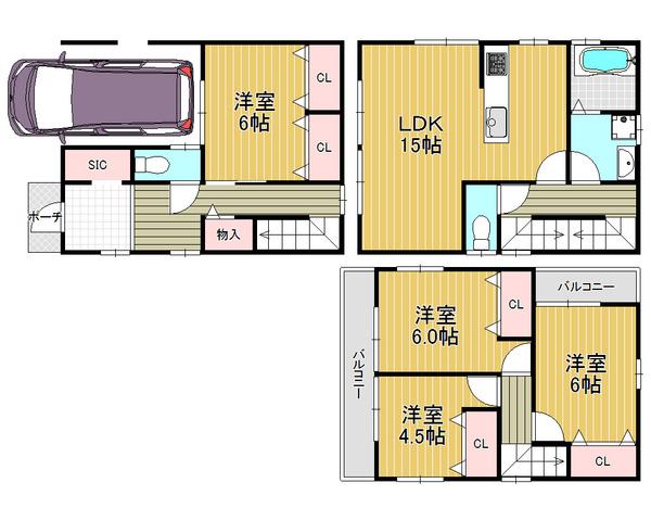 Floor plan. 30,800,000 yen, 4LDK, Land area 56.3 sq m , Building area 104.33 sq m