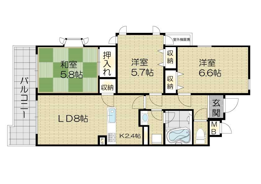 Floor plan. 3LDK, Price 17,900,000 yen, Occupied area 63.81 sq m , Asahi is very bright on the balcony area 7.61 sq m east-facing balcony!