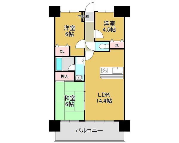 Floor plan. 3LDK, Price 18 million yen, Occupied area 65.12 sq m , Balcony area 12.64 sq m total living room with storage space, Residence of 3LDK