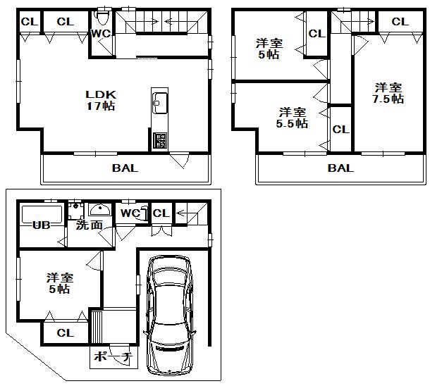 Floor plan. (E No. land), Price 34,800,000 yen, 4LDK, Land area 56 sq m , Building area 106.32 sq m
