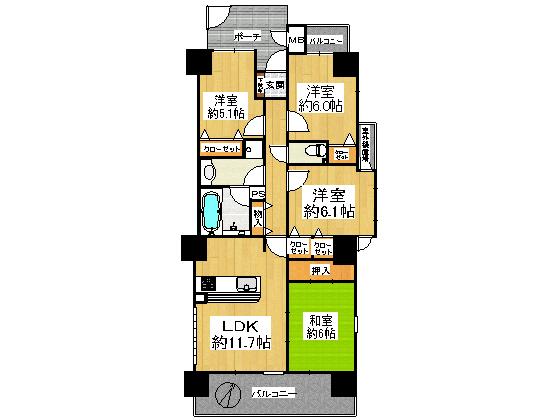 Floor plan. 4LDK, Price 22,900,000 yen, Occupied area 76.62 sq m , Floor !! balcony area 11.26 sq m 4LDK