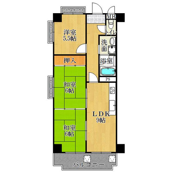 Floor plan. 3LDK, Price 12.8 million yen, Footprint 58 sq m , Balcony area 7.32 sq m