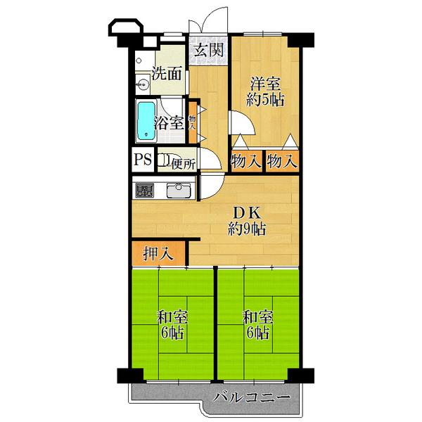 Floor plan. 3DK, Price 11.5 million yen, Occupied area 63.28 sq m , Balcony area 7.6 sq m