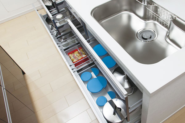 Kitchen.  [Soft closed function with slide storage] Prevent the impact sound when closing the drawer is a soft closed storage (same specifications)