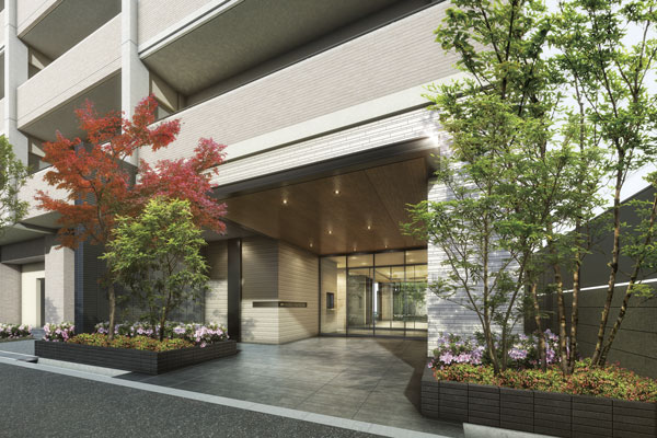 Features of the building.  [entrance] Entrance to produce a feeling of luxury is, Live person also welcomed gently course Guests. Established a planting space to enjoy the facial expression of the four seasons on both sides. Precisely because the city, Soothing share space and attention to elegance flavor is assured (Rendering)