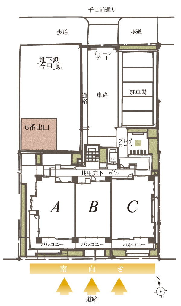 Buildings and facilities. Zenteiminami direction ・ Corner dwelling unit rate of 66% more than. Not only the station near, Urban life to realize full of sense of openness (site layout)
