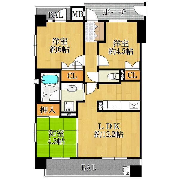 Floor plan. 3LDK, Price 17.5 million yen, Occupied area 60.03 sq m , Balcony area 13.34 sq m