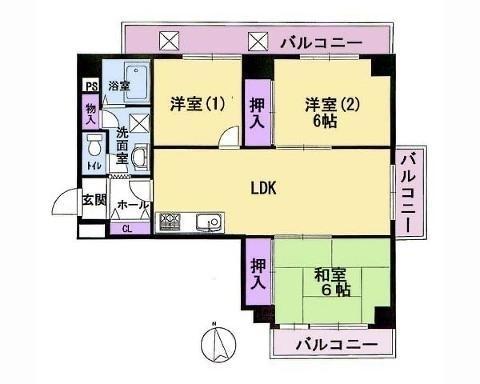 Floor plan. 3LDK, Price 12.8 million yen, Occupied area 64.74 sq m , Residence of 3LDK facing the balcony area 16.32 sq m all the living room balcony ☆