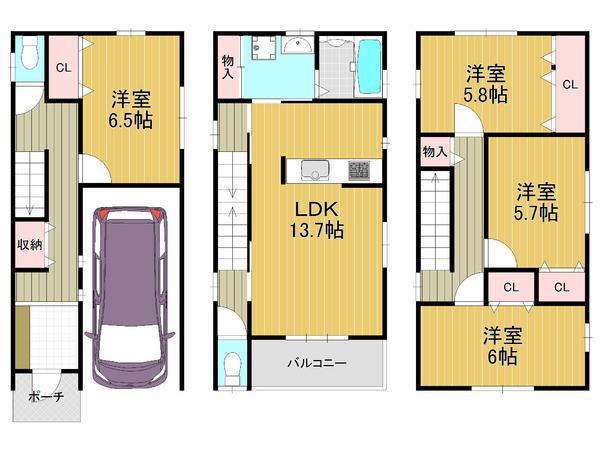 Floor plan. 29,800,000 yen, 4LDK, Land area 59.54 sq m , Building area 107.34 sq m whole room with storage space, Residence of 4LDK