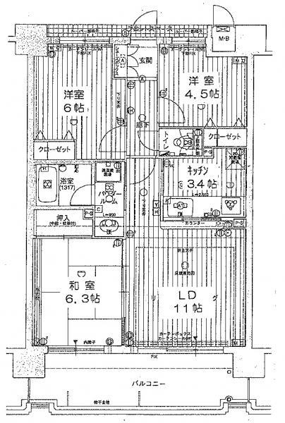 Floor plan. 3LDK, Price 16.5 million yen, Occupied area 65.12 sq m , Balcony area 12.64 sq m