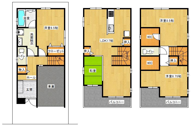 Floor plan. 32,800,000 yen, 3LDK + 2S (storeroom), Land area 64.66 sq m , Building area 118.03 sq m high-roof cars PARKING is possible. WIC is two places to the third floor, The living housing and the kitchen is a good floor plan easy to use and there is a pantry.