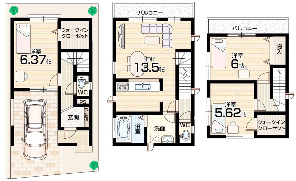 Floor plan. 32,800,000 yen, 3LDK + 2S (storeroom), Land area 58.01 sq m , Building area 84.24 sq m floor plan 3LDK + 2S! Two-sided balcony!