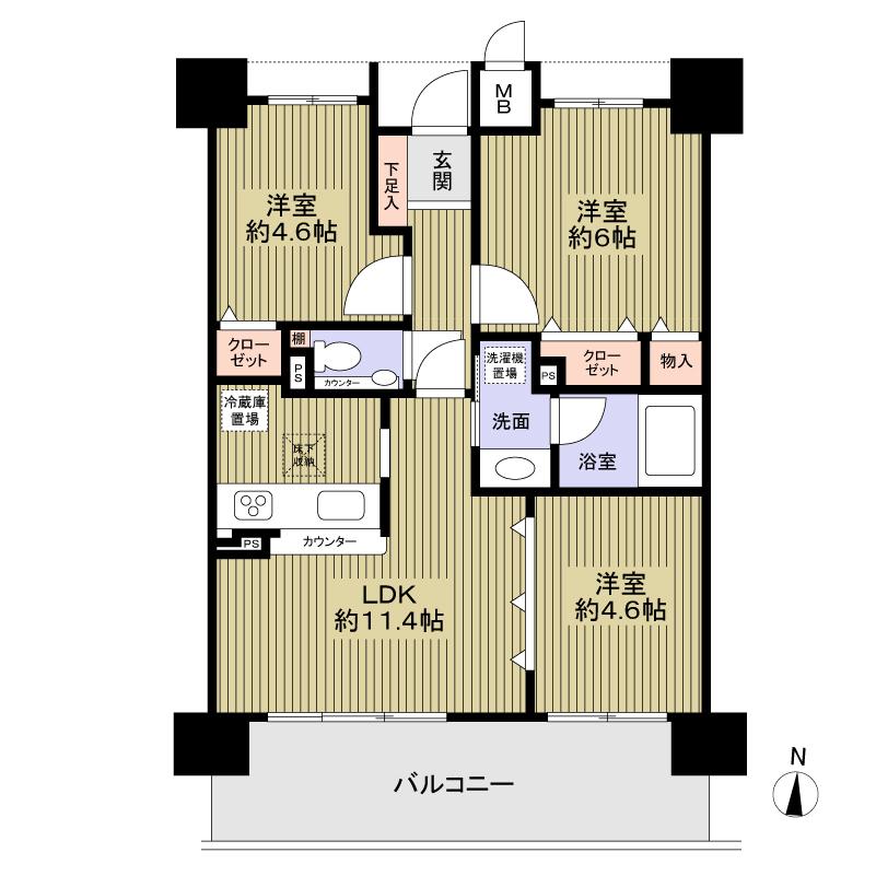 Floor plan. 3LDK, Price 18,800,000 yen, Occupied area 56.22 sq m , Balcony area 12.24 sq m