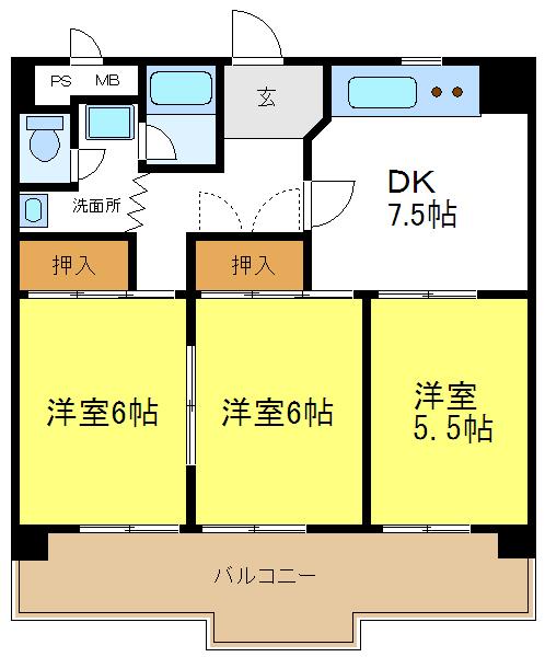 Floor plan. 3DK, Price 8.8 million yen, Occupied area 53.23 sq m , Bright room on the balcony area 12.73 sq m south balcony