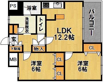 Floor plan. 2LDK, Price 16,900,000 yen, Occupied area 57.08 sq m , Balcony area 6.93 sq m easy-to-use floor plan