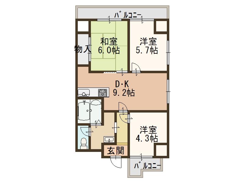 Floor plan. 3LDK, Price 9.8 million yen, Occupied area 51.35 sq m , Balcony area 6.6 sq m
