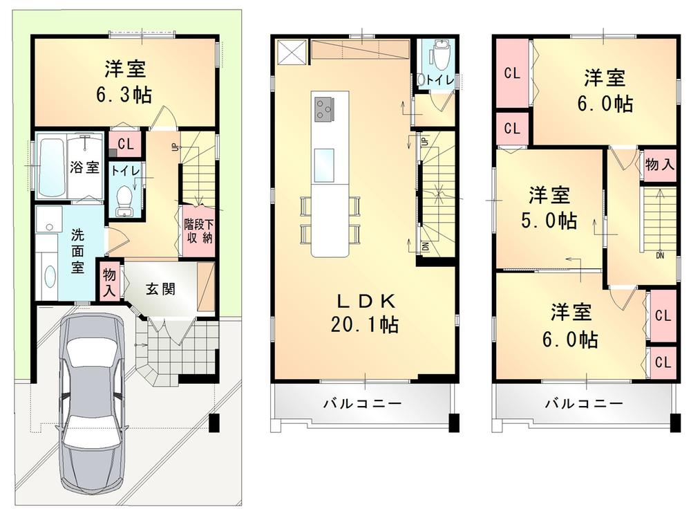 Floor plan. 38,600,000 yen, 4LDK, Land area 68.6 sq m , Building area 108.04 sq m rarely seen not float island kitchen has been installed in a standard. There is also housed in the rear GOOD.