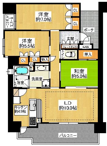 Floor plan. 3LDK, Price 25,800,000 yen, Occupied area 73.69 sq m , Balcony area 12.29 sq m