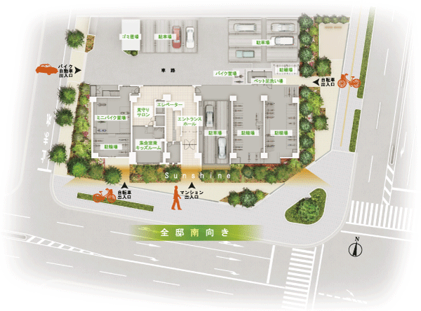 Features of the building.  [Land Plan] east ・ West ・ Site shape the three sides of the south is in contact with the road. In Zenteiminami orientation, Excellent lighting and ventilation, To achieve a life that sense of open (site layout)