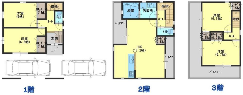Floor plan. 37,800,000 yen, 4LDK, Land area 84.89 sq m , Building area 103.7 sq m garage two possible parking Double-sided balcony