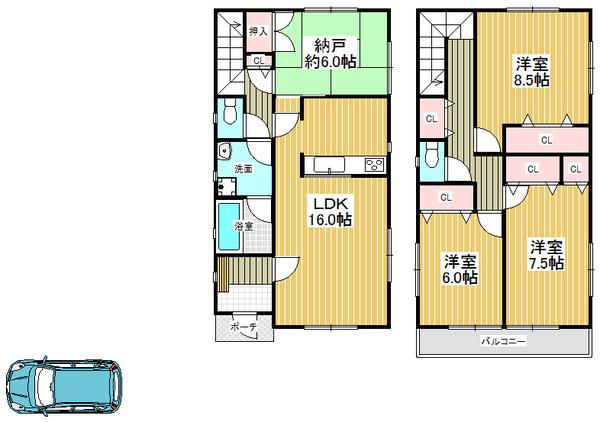 Floor plan. 22,800,000 yen, 3LDK+S, Land area 125.42 sq m , Life full of building area 105.3 sq m brightness and airy