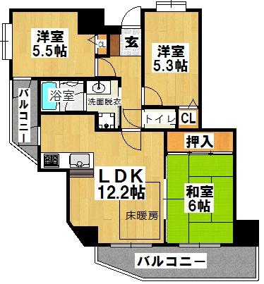 Floor plan. 3LDK, Price 22.5 million yen, Footprint 63.2 sq m , Balcony area 9.84 sq m