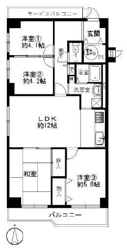 Floor plan. 4LDK, Price 14.8 million yen, Occupied area 77.23 sq m , Balcony area 12.35 sq m