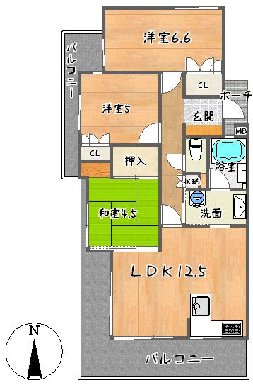 Floor plan. 3LDK, Price 19,800,000 yen, Occupied area 66.01 sq m , Balcony area 25.83 sq m