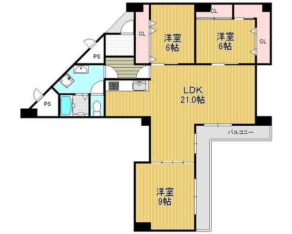 Floor plan. 3LDK, Price 17.5 million yen, Occupied area 88.47 sq m , Balcony area 10.8 sq m all room 6 tatami mats or more, LDK's 21 tatami mats loose 3LDK
