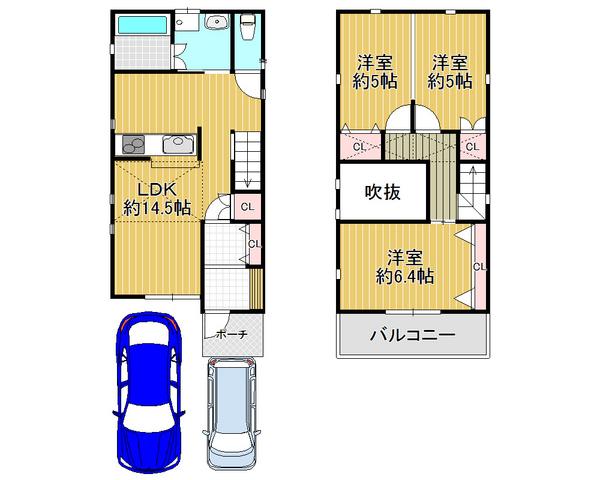 Floor plan. 34,800,000 yen, 3LDK, Land area 80.04 sq m , Building area 74.92 sq m car park is spacious two Allowed