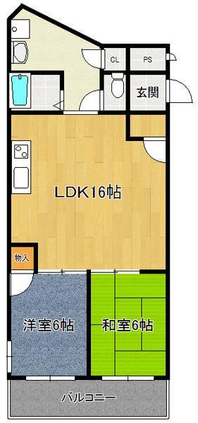 Floor plan. 2LDK, Price 12.8 million yen, Occupied area 66.47 sq m , Balcony area 6.06 sq m all room 6 tatami mats or more, LDK is spacious 16 tatami