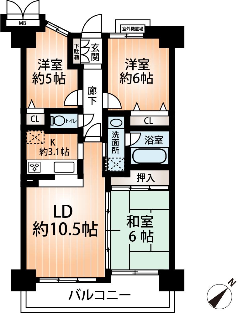 Floor plan. 3LDK, Price 19,800,000 yen, Occupied area 65.97 sq m , Balcony area 9.1 sq m