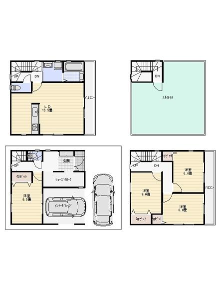 Other. Reference Floor. On the second floor add a tatami space in addition to the 16.5 quires living. 6 Pledge of room one is three and 6.5 Pledge of room to fit on the first floor the third floor. Equipped with a large closet in each room.