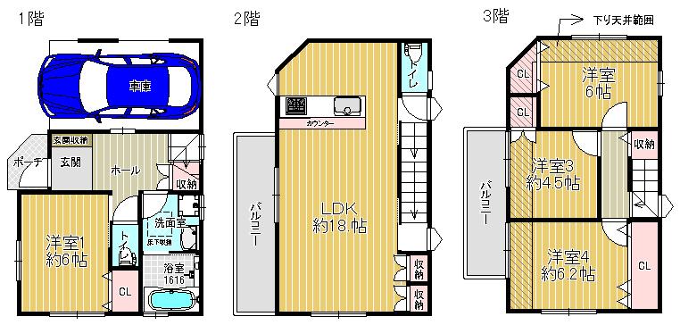 Floor plan. 34,800,000 yen, 4LDK, Land area 60.95 sq m , Building area 111.36 sq m