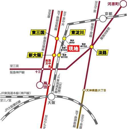 Access view. "Shin-Osaka" a 10-minute walk to the station. 9 minutes direct to the "Osaka" station. 